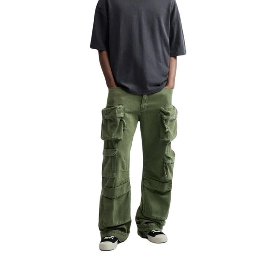 NWOT ZARA Pants 36 Green Cargo Baggy Relaxed Wide-Leg/Jogger:Strap&Snap-Adjustbl